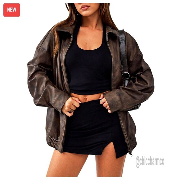 Jackets & Blazers - Vintage PU Leather Motorcycle Jacket Oversized Street Style Zip Up Collar